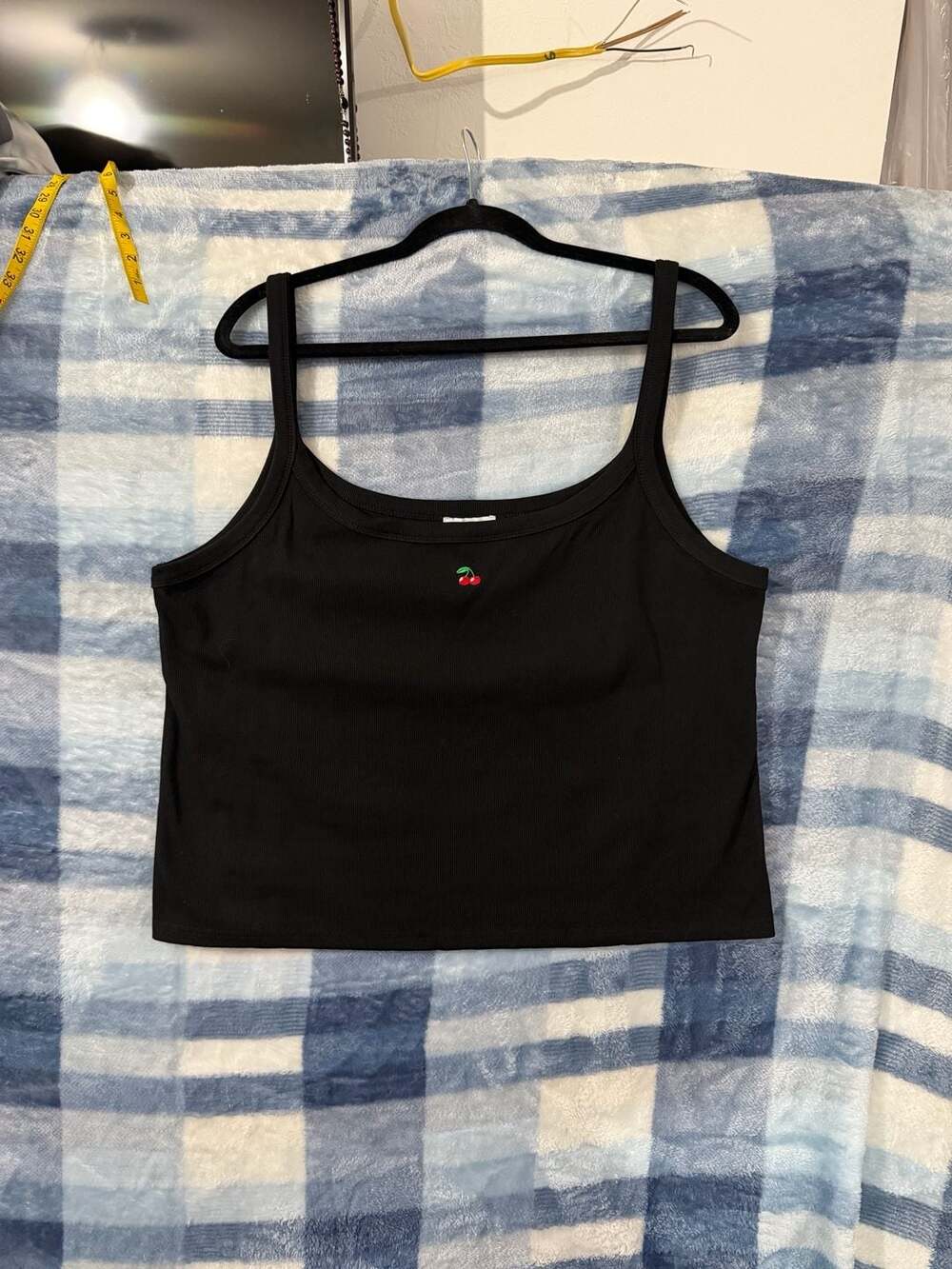 White Birch Black Ribbed Tank Top with Embroidered Cherry Detail